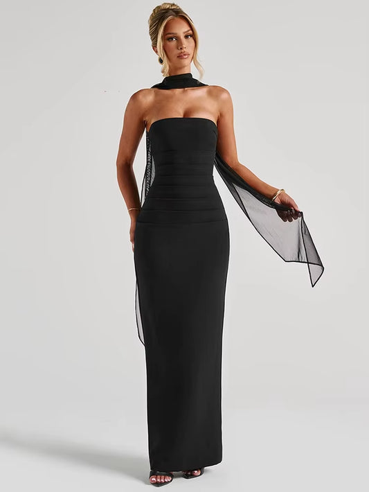 Sexy Strapless Maxi Dress for Women - Scarf Collar, Backless, Bodycon Long Club Dress