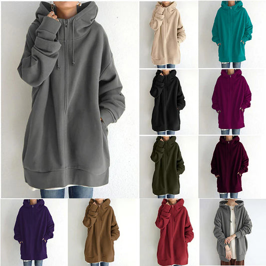 Luxury Oversized Velvet Hoodie Coat – Elegant Long Zippered Sweatshirt with Tie Collar for Women, Autumn Collection