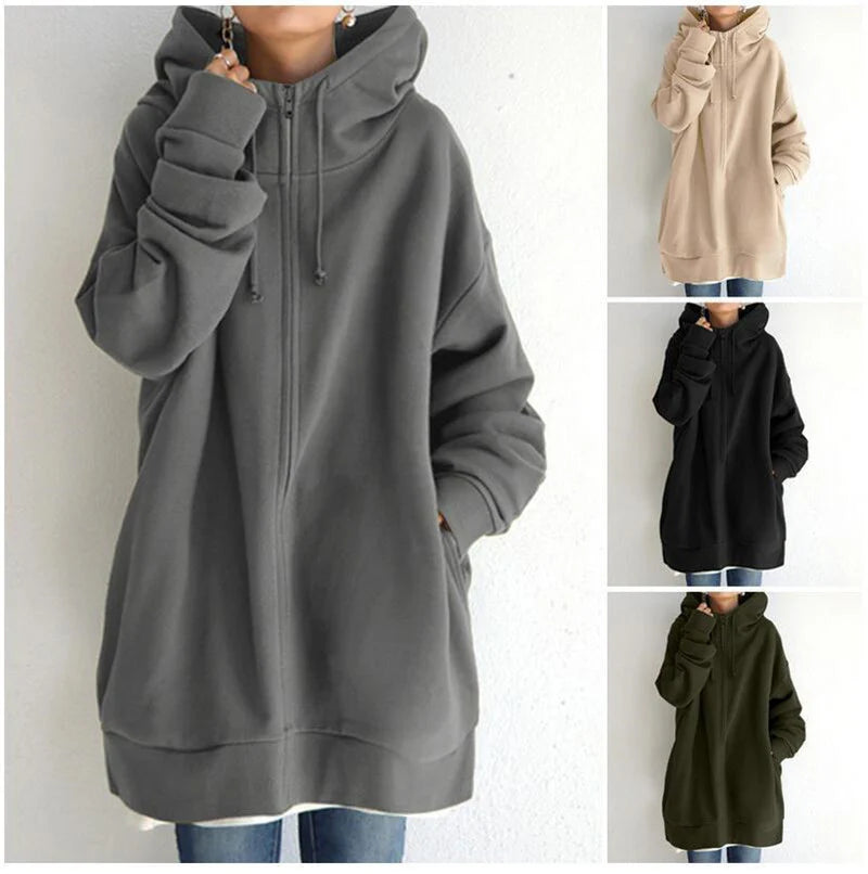 Luxury Oversized Velvet Hoodie Coat – Elegant Long Zippered Sweatshirt with Tie Collar for Women, Autumn Collection