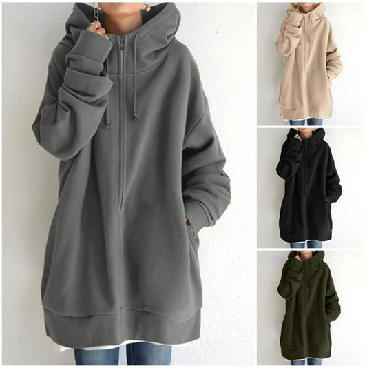 Luxury Oversized Velvet Hoodie Coat – Elegant Long Zippered Sweatshirt with Tie Collar for Women, Autumn Collection
