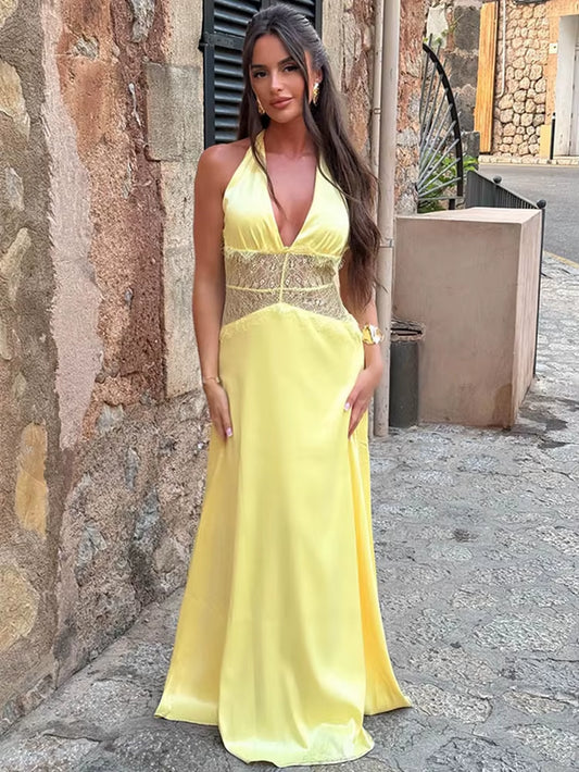 Romantic Allure: Deep V Backless Lace Gown for Summer Evenings