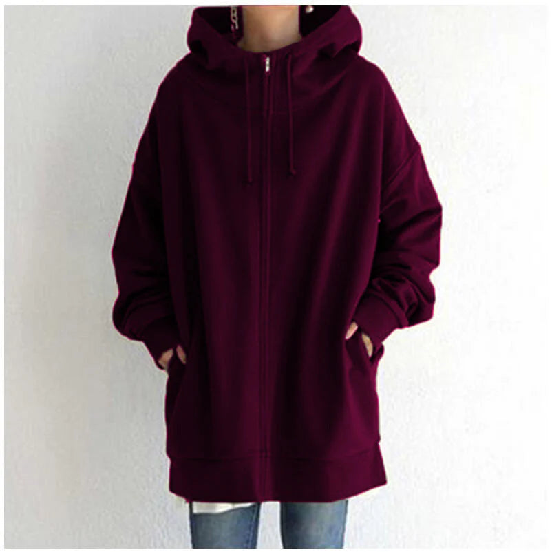 Luxury Oversized Velvet Hoodie Coat – Elegant Long Zippered Sweatshirt with Tie Collar for Women, Autumn Collection