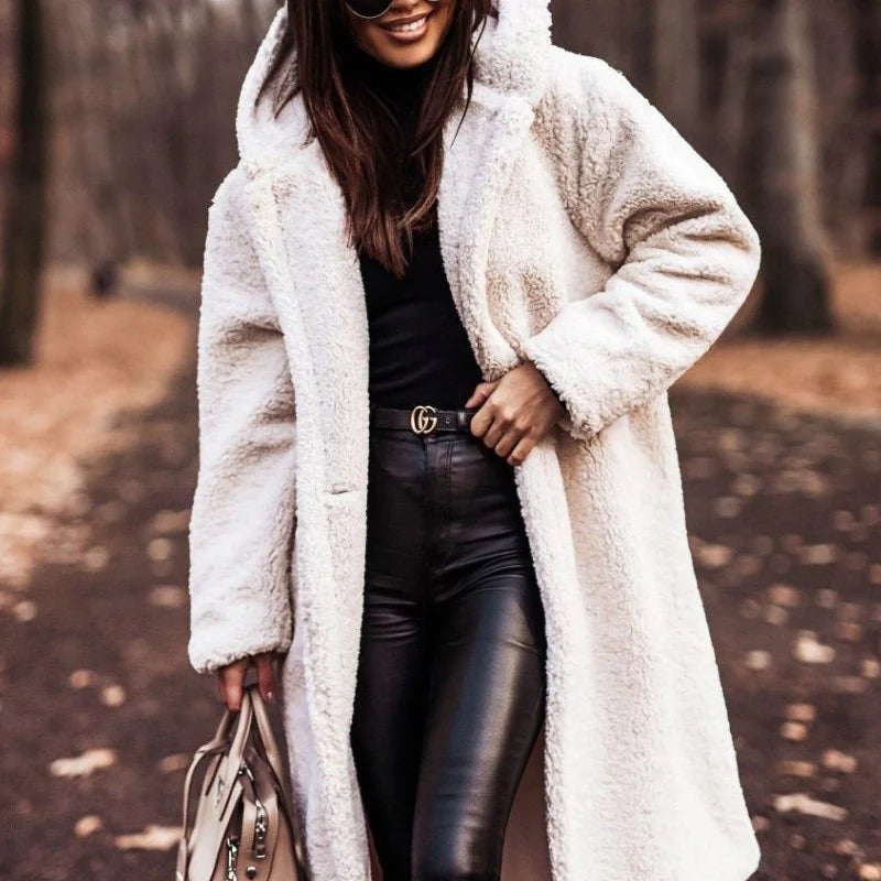 Women’s Elegant Long Plush Coat, Premium Faux Fleece Teddy Outerwear for Autumn and Winter