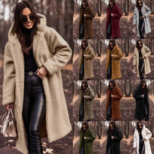 Women’s Elegant Long Plush Coat, Premium Faux Fleece Teddy Outerwear for Autumn and Winter