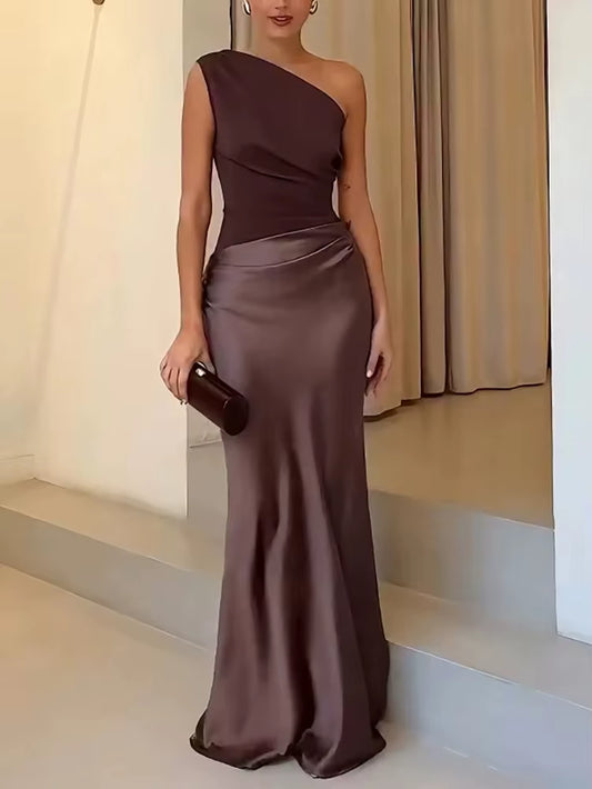 Women’s Satin Patchwork Maxi Dress - One Shoulder Backless Bodycon Evening Gown