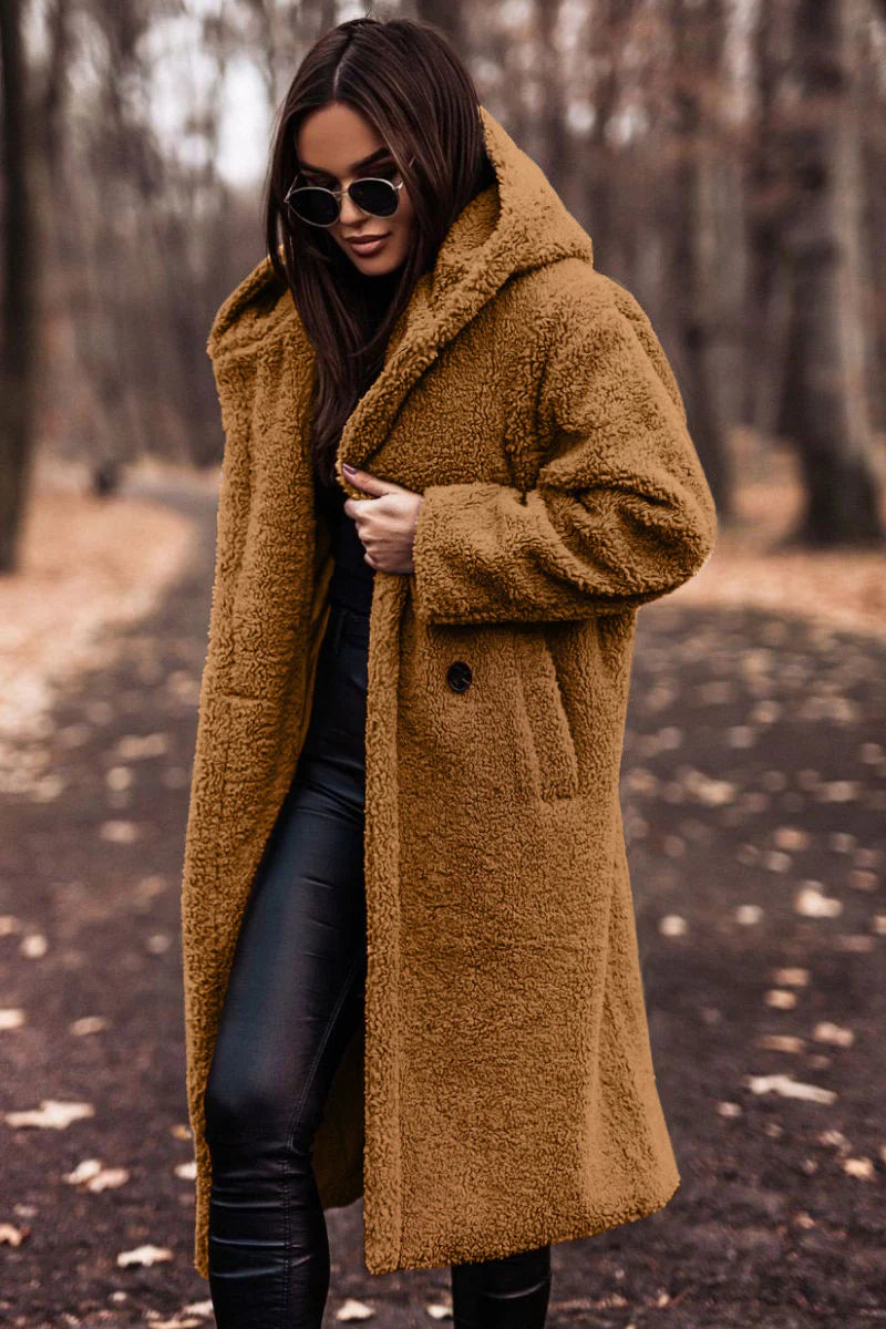 Women’s Elegant Long Plush Coat, Premium Faux Fleece Teddy Outerwear for Autumn and Winter