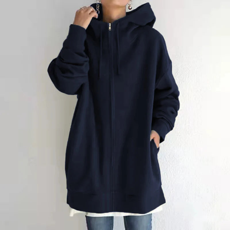 Luxury Oversized Velvet Hoodie Coat – Elegant Long Zippered Sweatshirt with Tie Collar for Women, Autumn Collection