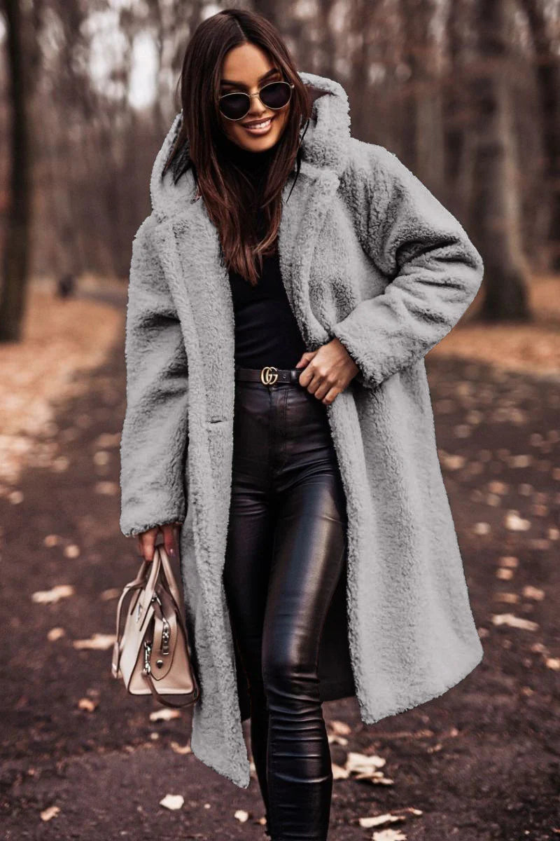 Women’s Elegant Long Plush Coat, Premium Faux Fleece Teddy Outerwear for Autumn and Winter