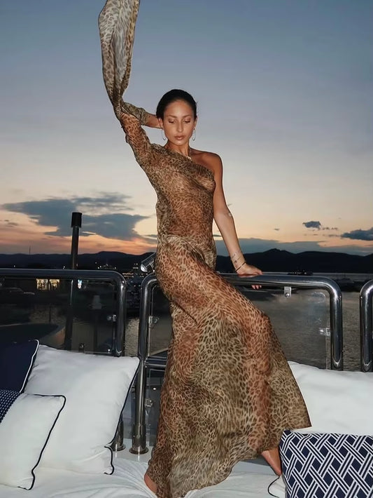 Women’s Leopard One Shoulder Long Dress - Backless Maxi for Club, Party, or Vacation
