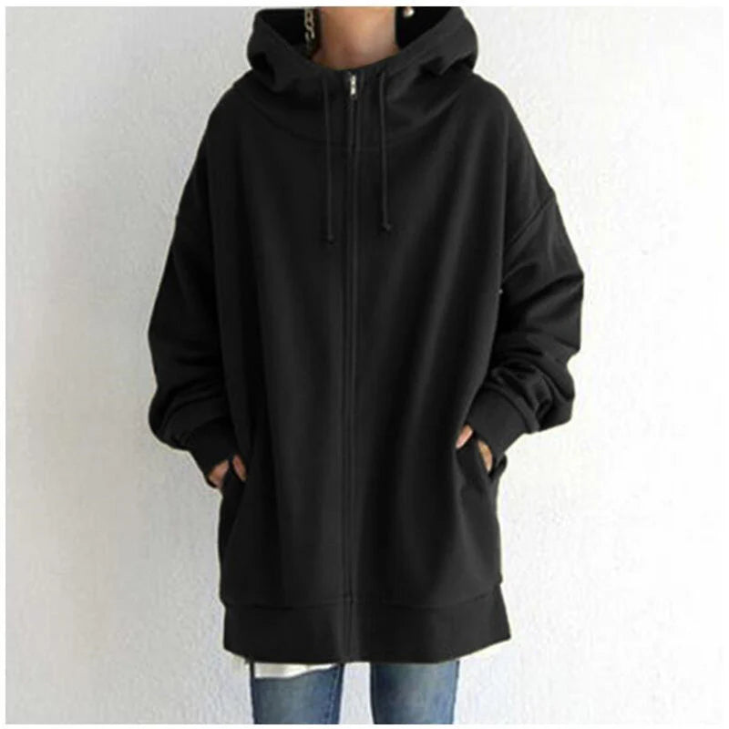 Luxury Oversized Velvet Hoodie Coat – Elegant Long Zippered Sweatshirt with Tie Collar for Women, Autumn Collection