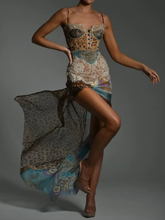 Sexy Leopard Lace Maxi Dress – Sleeveless Split Backless Chiffon Evening Party Gown for Women