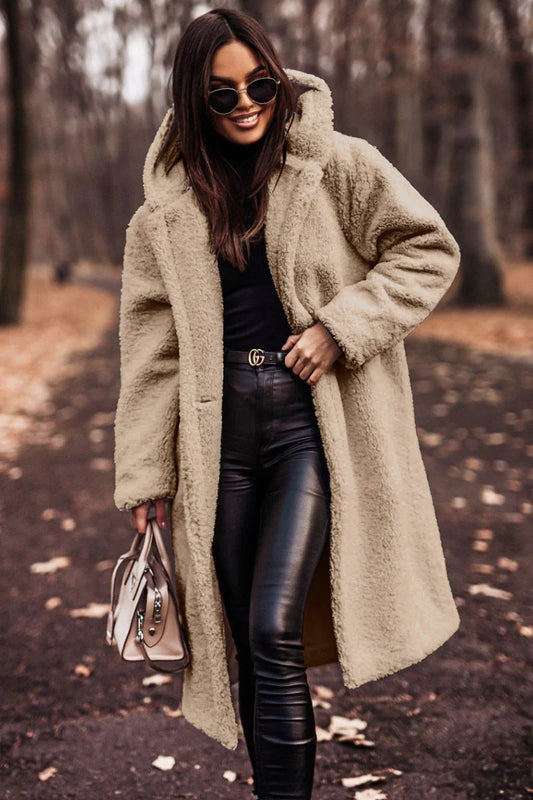 Women’s Elegant Long Plush Coat, Premium Faux Fleece Teddy Outerwear for Autumn and Winter