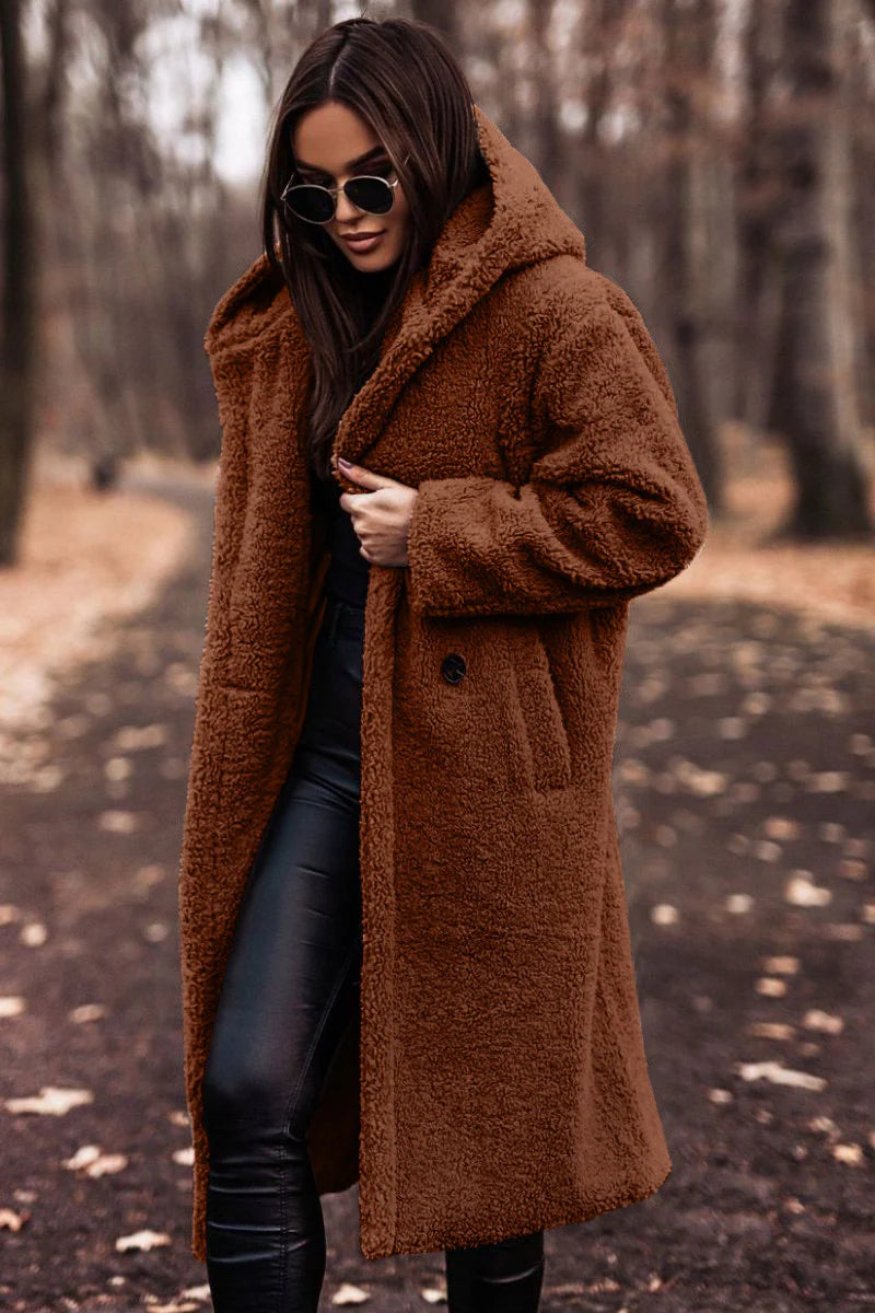 Women’s Elegant Long Plush Coat, Premium Faux Fleece Teddy Outerwear for Autumn and Winter