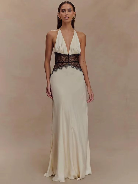 Romantic Allure: Deep V Backless Lace Gown for Summer Evenings