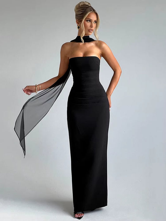 Sexy Strapless Maxi Dress for Women - Scarf Collar, Backless, Bodycon Long Club Dress